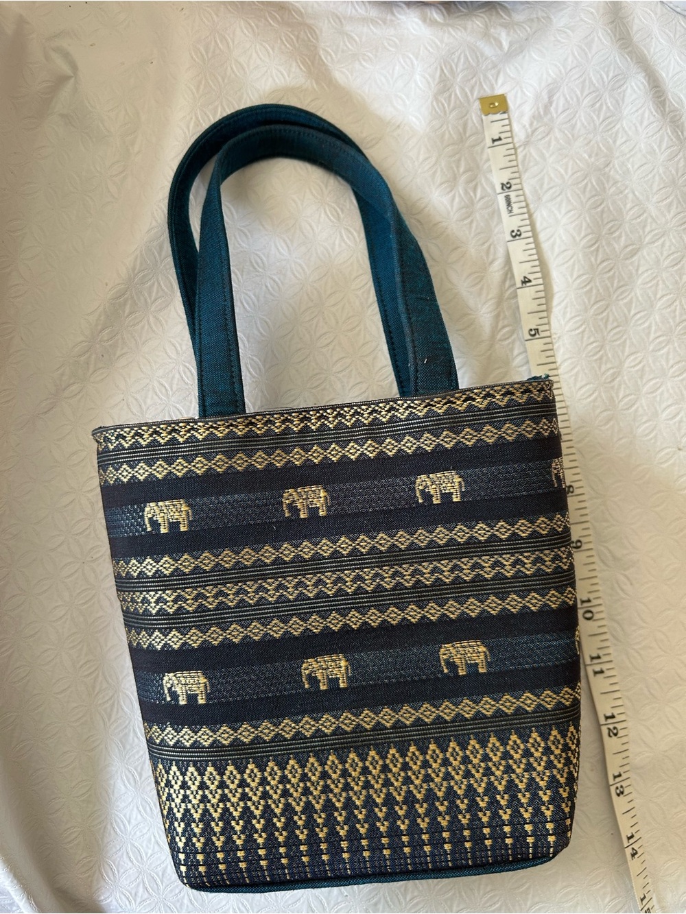 Woven Blue and Gold Elephant Pattern Bag